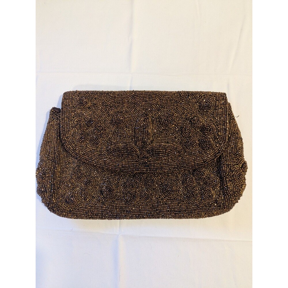 Vintage Saks Fifth Avenue‎ Beaded Bag Copper Brown Beading Clutch Satin Interior